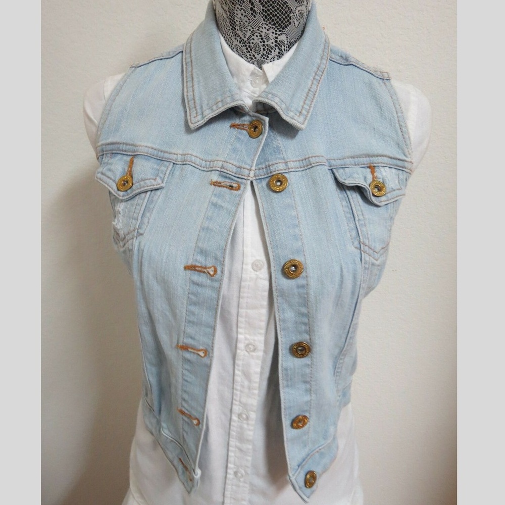 Sz S Bleach Blue Jean Denim GJG Juniors Womens #198T Jacket Vest